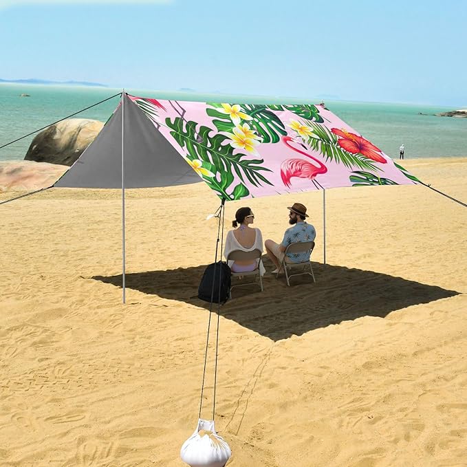 xigua Flamingos Beach Tent Sun Shelter with Carrying Bag - Silver Coated Oxford Fabric Beach Canopy for Beach Camping Fishing - Includes Windproof Ropes Sandbags &amp Stakes