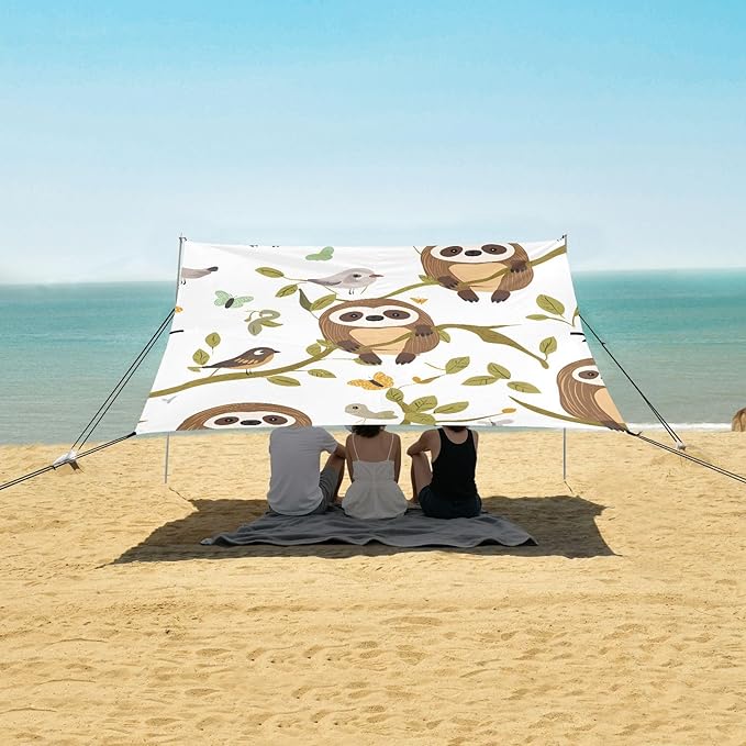 ALAZA Sloth Branch Bird Pattern Beach Tent Sun Shelter Portable Canopy Sunshade for Outdoor Camping Picnics Backyard Fun 10x9 ft