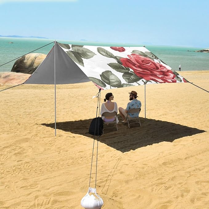 ALAZA Red Roses Sseamless on White Beach Tent Sun Shelter Portable Canopy Sunshade for Outdoor Camping Picnics Backyard Fun 10x9 ft