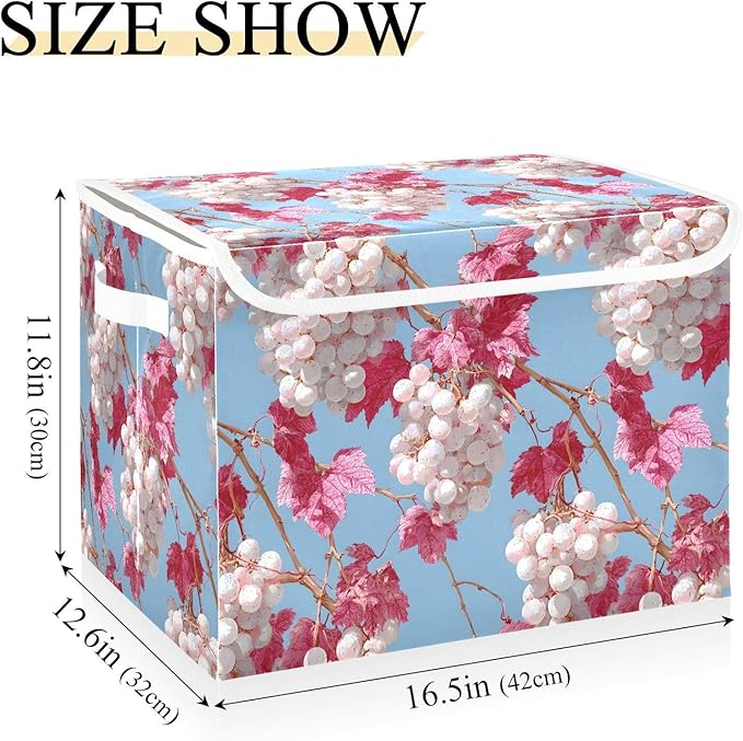 Grape Pattern Print Storage Basket Bins with Lid Foldable Flip-top with Handle for Home Office 16.5×12.6×11.8 in 1 Pack