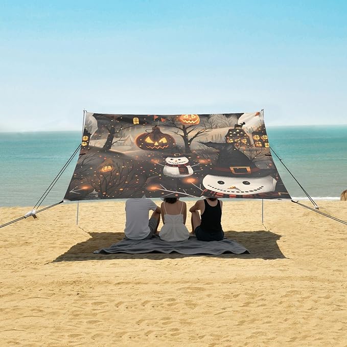 ALAZA Halloween Pumpkin Snowman Beach Tent Sun Shelter UPF50+ Protection Beach Shade Canopy w/ 4 Sandbags for Outdoor Camping Fishing Backyard Fun Picnic 10x9 ft