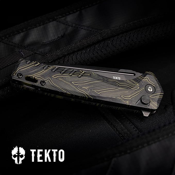 TEKTO F3 Charlie Button Lock Folding Knife Oversized Fine Edge Blade - Easy Open Pocket Knife with Titanium Coated D2 Steel &amp Black Titanium Barrel Spacers