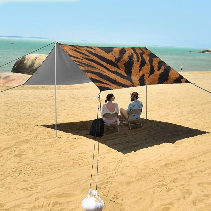 ALAZA Light Brown Tiger Prints Beach Tent Sun Shelter UPF50+ Protection Beach Shade Canopy w/ 4 Sandbags for Outdoor Camping Fishing Backyard Fun Picnic 10x9 ft