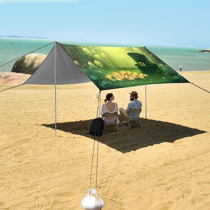 xigua St. Patrick's Day Beach Tent Sun Shelter with Carrying Bag - Silver Coated Oxford Fabric Beach Canopy for Beach Camping Fishing - Includes Windproof Ropes Sandbags &amp Stakes