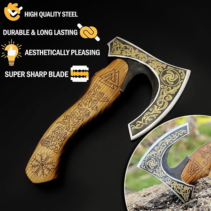 SHINY CRAFTS-Viking axe bearded axe tomahawk birthday gifts-Viking Axe with Carbon Steel Head and Ash Wood Handle is black polished Viking Gifts for Men with Premium Quality Leather Sheath (SCA-0025)