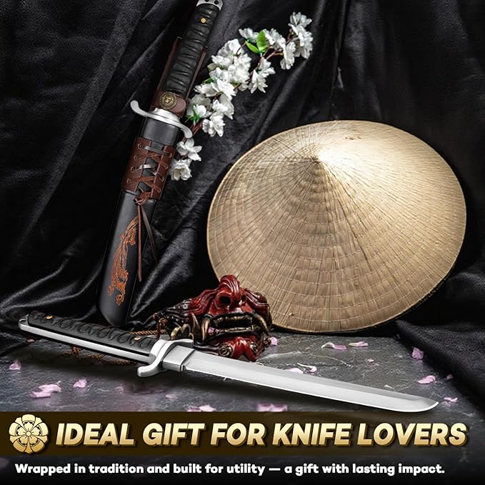 Japanese Fixed Blade Knife Tanto Knife with Phoenix Carved Sheath Tanto Samurai Knives for Camping Outdoor Collection for Men