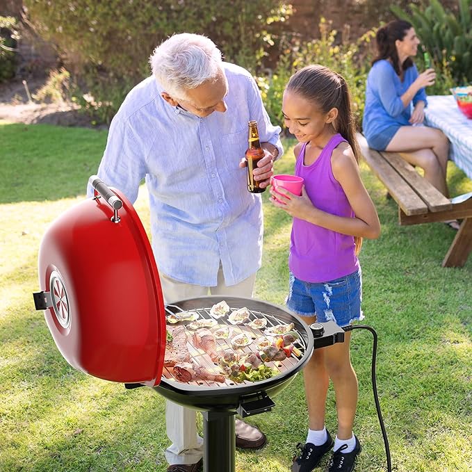 Giantex Electric Grill Indoor Outdoor 1600W Portable Barbecue Grill with Removable Non-Stick Grilling Rack Adjustable Temperature Oil Drip Tray for Picnic Camping Backyard Cooking (Red)