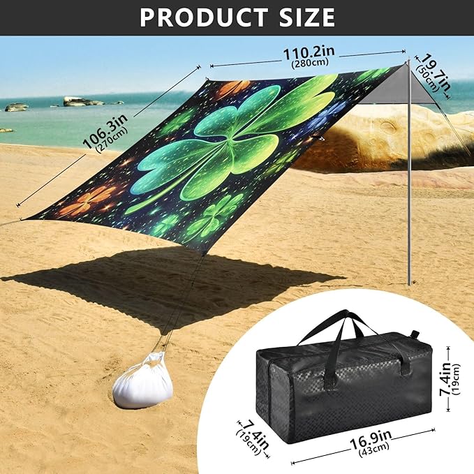 St Patrick's Clovers Glowing Beach Tent Sun Shelter Set UPF50+ UV Protection 10.5 x 9.19 FT Camping Shade Canopy with Sandbags Sand Anchors Carrying Bag and Others