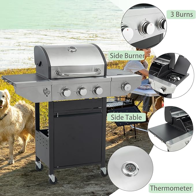 3 Burner Outdoor Propane Gas Grill with Side Burner &amp Thermometer Stainless Steel Barbecue Grill with Wheels for Patio BBQ Cooking Camping (3 Burner)
