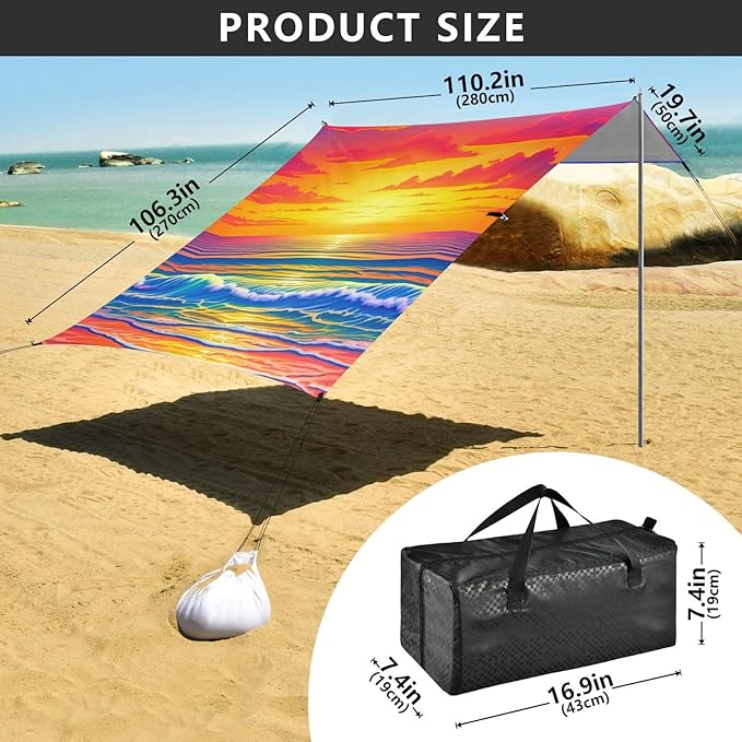 Beach Canopy with Windproof Ropes &amp Sandbags Beach Tent Sun Shade Sun Shelter for Camping Trips Fishing Backyard Fun or Picnics Sunset