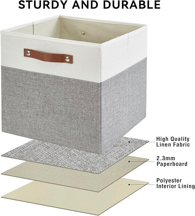 Collapsible Fabric Storage Cube Bins with 2 Reinforced PU Handles Foldable Storage Organizer Baskets for Closet Shelves Living Room | 13x13x13 4 Pack Gray &amp White