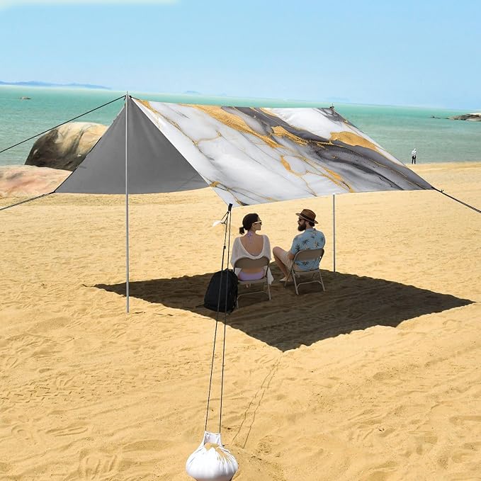 ALAZA Black &amp Gold Marble Modern Beach Tent Sun Shelter UPF50+ Protection Beach Shade Canopy w/ 4 Sandbags for Outdoor Camping Fishing Backyard Fun Picnic 10x9 ft
