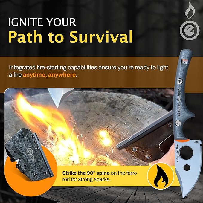 OUTDOOR ELEMENT Contour Feather Survival and Culinary Knives – VG10 Steel Fixed Blade with Fire Starter Hex Driver Knife Sharpener Sheath &amp Built in Whistle - Built For Camping &amp Outdoor Ad