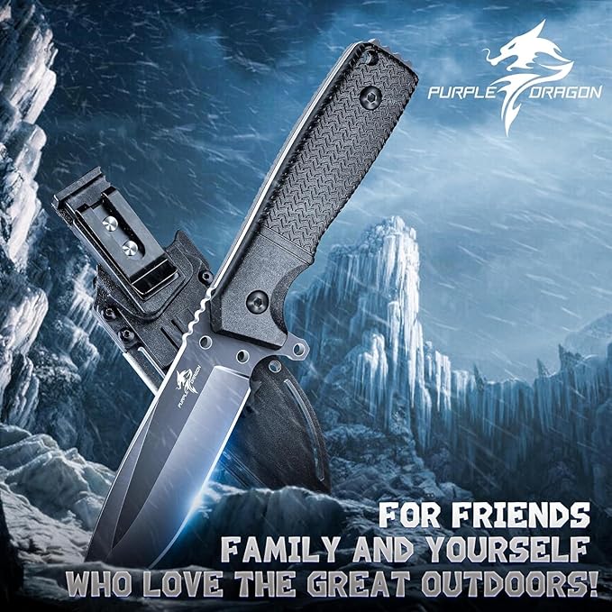 Purple Dragon Fixed Blade Knife with Kydex Sheath Black Outdoor Knives for Camping with Ergonomic Handle Durable Kydex Sheath Gifts for Men