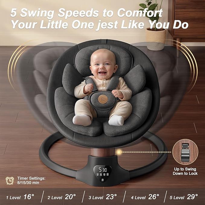 Baby Swings for Infants FasonBaby Electric Baby Swing with 10 Preset Melodies 5 Speeds Remote Control and Bluetooth - Portable Infant Swing for Indoor and Outdoor(Black)