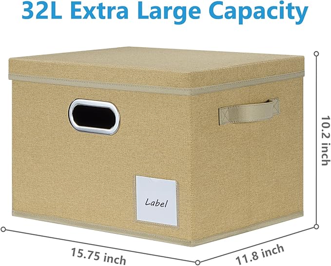 LHZK Extra Large Storage Bins with Lids [3-Pack] Linen Fabric Foldable Storage Boxes for Closet Organization 15.75x11.8x10.2 Stackable Storage Containers Storage Baskets for Organizing (Beige)
