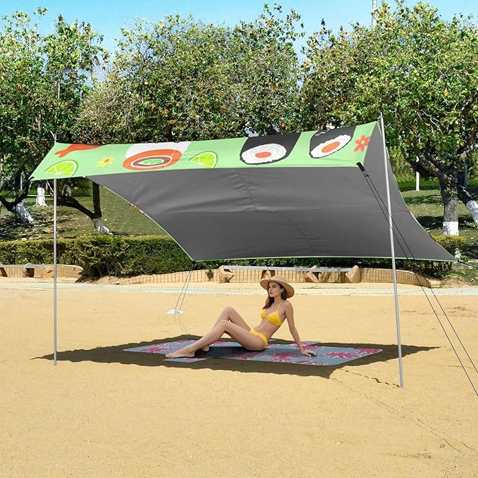 xigua Sushi Beach Tent Sun Shelter with Carrying Bag - Silver Coated Oxford Fabric Beach Canopy for Beach Camping Fishing - Includes Windproof Ropes Sandbags &amp Stakes