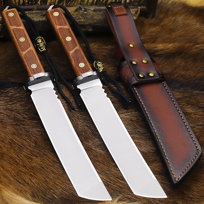 BA-KOR 7mm 9CR18MOV steel (15.6IN) sandalwood handle full Tang fixed knife+scabbard+(single shoulder strap)&amp(5.9IN) cerium igniter suitable for outdoor hunting camping survival EDC tool knife
