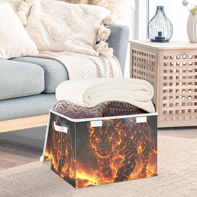 AIXIWAWA Lidded Storage Cube (Leopard with Flame) Fabric Foldable Closet Bins with Flip Lid and Handles Organizer Basket Container 16.5 x 12.6 x 11.8 IN