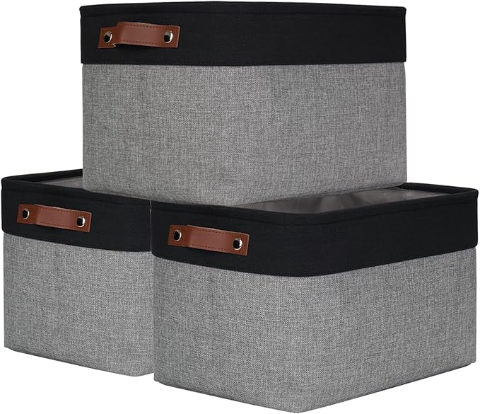 Storage Bins Large Fabric Storage Baskets for Shelves 3 Pack Decorative Linen Closet Baskets with Handles for Organizing Shelf Clothes Home Office 15x11x9.5Inches (Grey&ampBlack)