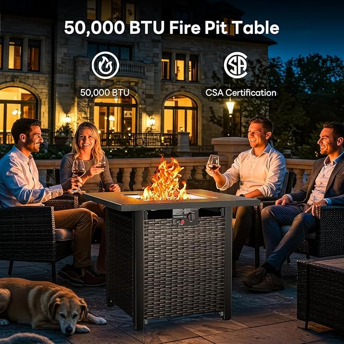 28 Inch Outdoor Propane Fire Pit Table 50000 BTU Square Rattan Propane Fire Pit with Steel Tabletop &amp Removable Lid 4-in-1 Gas FirePit Table with Glass Stones for Patio Backyard