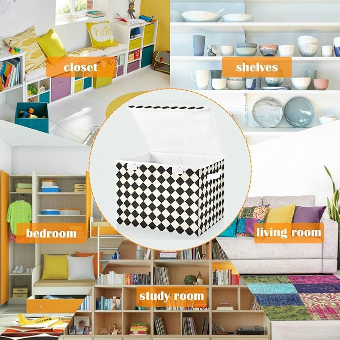 CaTaKu Large Fabric Storage Bins With LidsBlack and White Checkered Storage Boxes With Handles for Organizing Clothes Collapsible Storage Cube Bins Baskets for Shelves