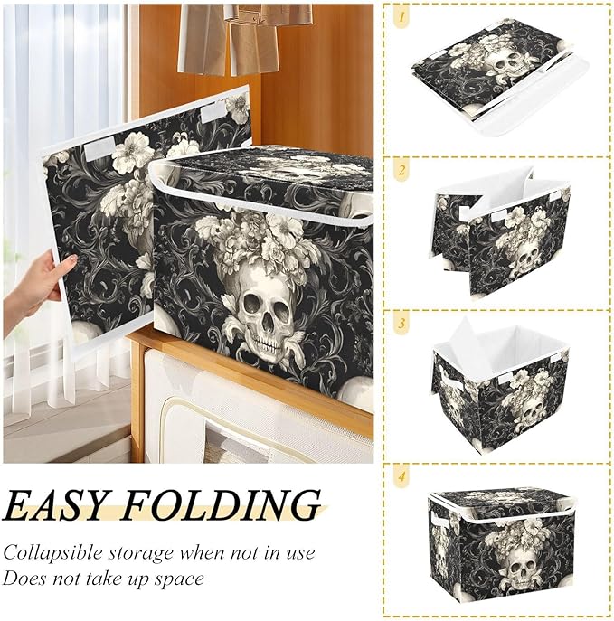 Storage Cube with Lid Retro Style Skulls Print 16.5×12.6×11.8 IN Collapsible Large Capacity Foldable Storage Basket Bin Organizer