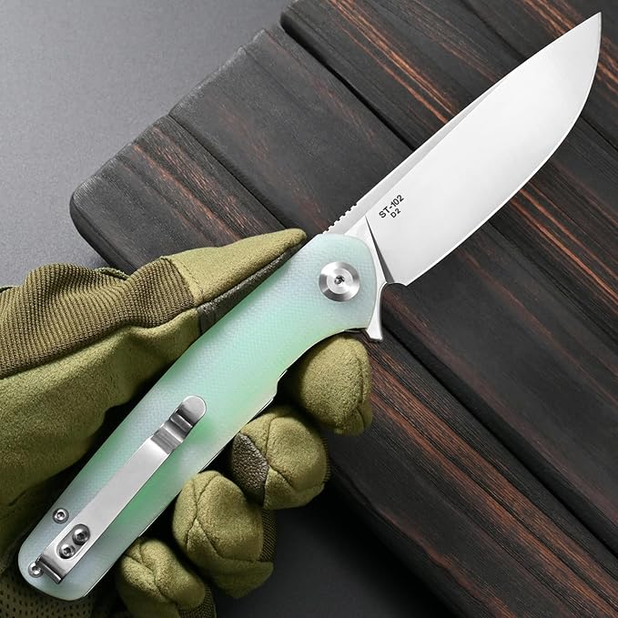 Sitivien ST102 Folding Knife D2 Steel Blade+G10 Handle Pocket Knife EDC Tool Knife for Outdoor Camping Hunting Survival (Turquoise) …