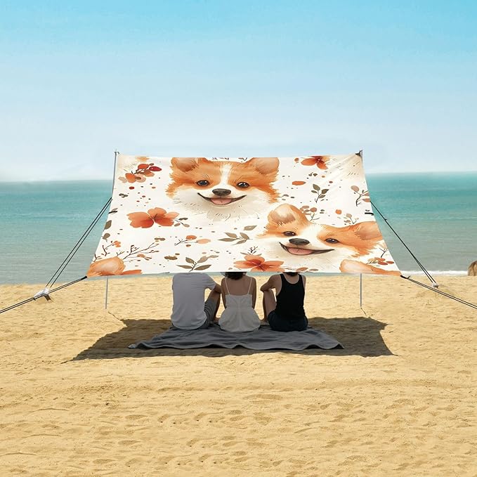 ALAZA Corgi Flower Dog Pattern Beach Tent Sun Shelter Portable Canopy Sunshade for Outdoor Camping Picnics Backyard Fun 10x9 ft