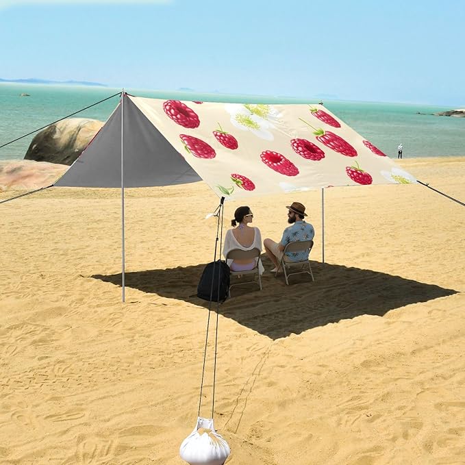 xigua Raspberry Beach Tent Sun Shelter with Carrying Bag - Silver Coated Oxford Fabric Beach Canopy for Beach Camping Fishing - Includes Windproof Ropes Sandbags &amp Stakes
