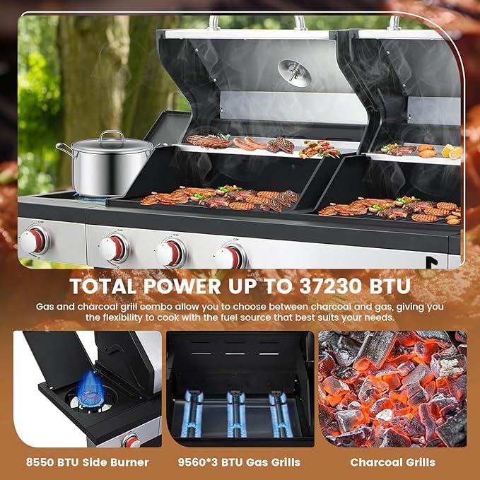 3-Burner Propane Gas BBQ Charcoal Grill Combo with Side Burner 37230BTU Stainless Steel Barbecue Grill With Enameled Cast Iron Cooking Grids For Outdoor Camping