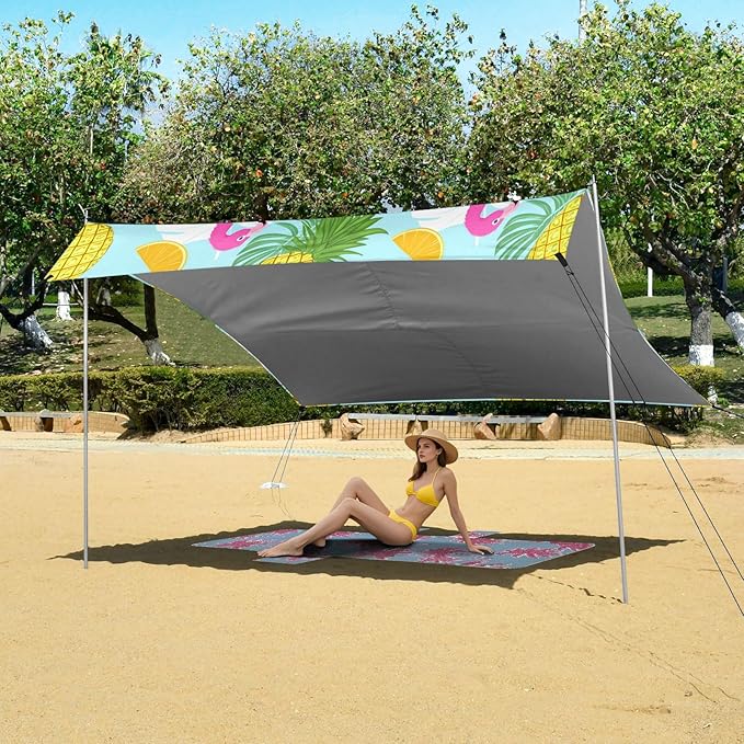xigua Flamingos Beach Tent Sun Shelter with Carrying Bag - Silver Coated Oxford Fabric Beach Canopy for Beach Camping Fishing - Includes Windproof Ropes Sandbags &amp Stakes
