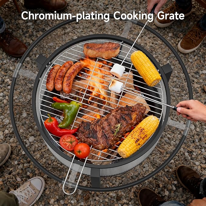 ONBRILL 2-in-1 32 Inch Fire Pit with Cooking Grill Outdoor Wood Burning Firepit with Poker for BBQ Bonfire Picnic Party Round Metal Fire Pit for Outside Backyard Patio
