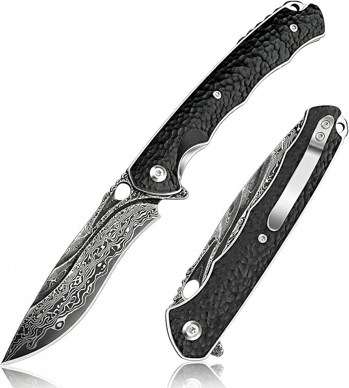 Damascus Steel Folding Pocket Knife 3.54 VG10 Blade for Men and Women Ebony Handle EDC Knife with Liner Lock for Outdoor Survival Camping Collection Hunting