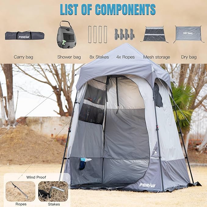 Camping Shower Tent Deluxe Changing Room Easy Set Up Privacy ShelterLarge Toilet Tent with Floor Drain Design for Beach CampingHiking with Stakes and Ropes for Stability