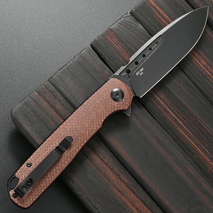 Sitivien ST131 Folding KnifeD2 Blade Micarta Handle EDC Tool Knife with Liner Lock for Outdoor Camping Hiking Fishing(Brown)