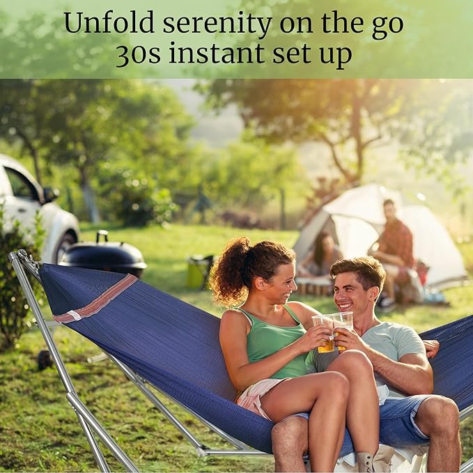 Tranquillo Double Hammock with Stand 650lb Capacity Double Hammock with Spreader Bar Solid Grade 201 Stainless Steel 30s Set Up Sturdy Flexible Hammock Stand Portable Outdoor Indoor Aegean