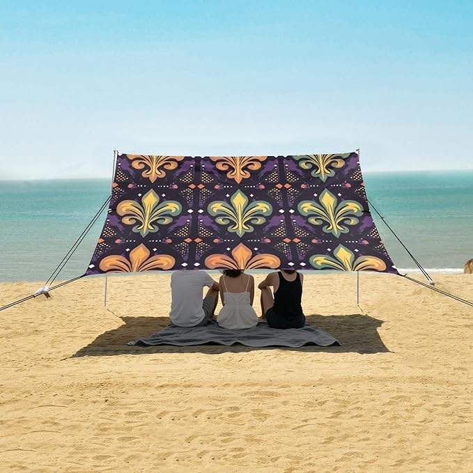 Fleur De Lis Flower Mardi Gras Beach Tent Sun Shelter Set UPF50+ UV Protection 10.5 x 9.19 FT Camping Shade Canopy with Sandbags Sand Anchors Carrying Bag and Others