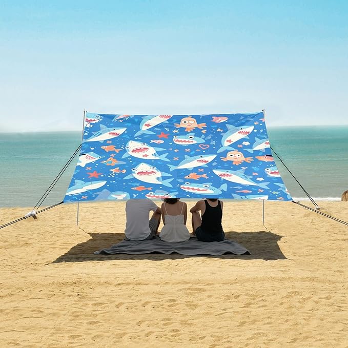Shark Water Blue Pattern Foldable Beach Cabana UPF50+ Protection Water-Resistant Shade Sun Shelter with Sand Pockets for Camping Picnics Backyard &amp Fishing