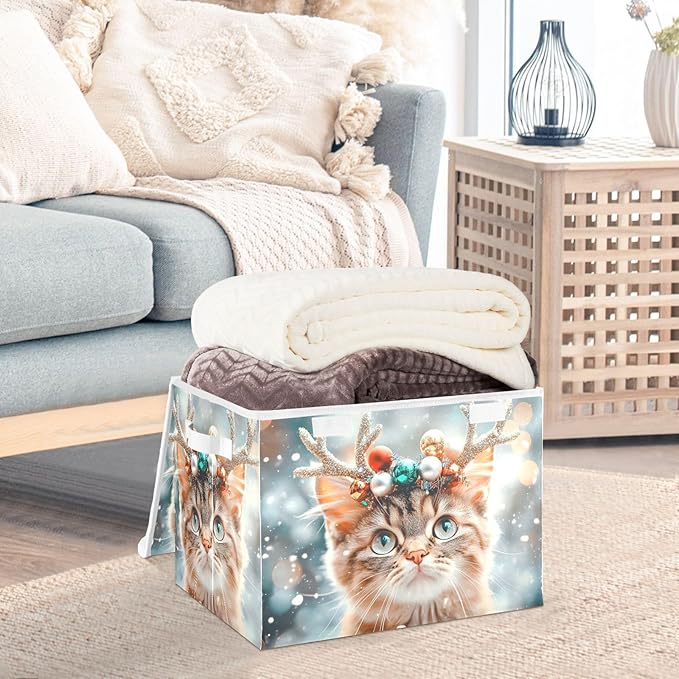 AIXIWAWA Lidded Storage Cube (Cat Christmas) Fabric Foldable Closet Bins with Flip Lid and Handles Organizer Basket Container 16.5 x 12.6 x 11.8 IN