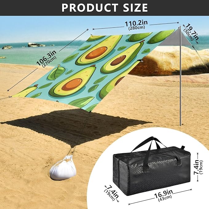 ALAZA Avocado on Blue Beach Tent Sun Shelter Portable Canopy Sunshade for Outdoor Camping Picnics Backyard Fun 10x9 ft