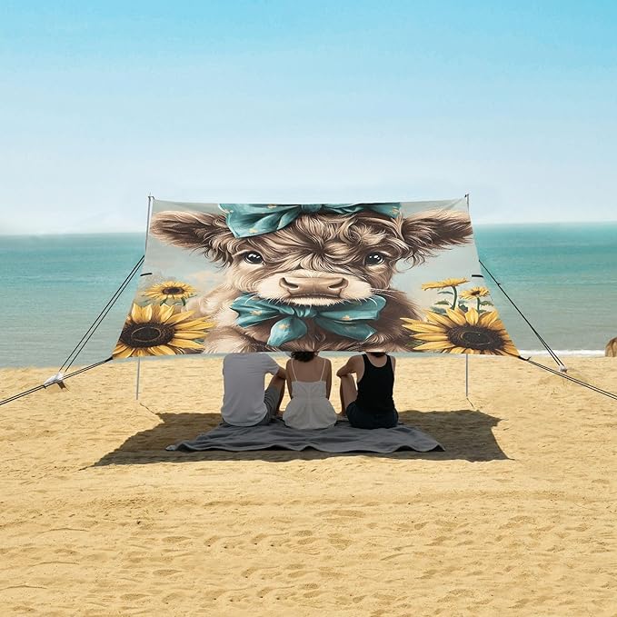 ALAZA Cute Baby Highland Cow Sunflower Bow Beach Tent Sun Shelter Portable Canopy Sunshade for Outdoor Camping Picnics Backyard Fun 10x9 ft