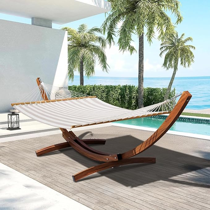 Lazy Daze Hammocks 12 FT 2 Person Double Quick Dry Textilene Hammock with Curved Steel Heavy Duty Stand for Outside Backyard Patio 450 Lbs Capacity Beige White Stripes