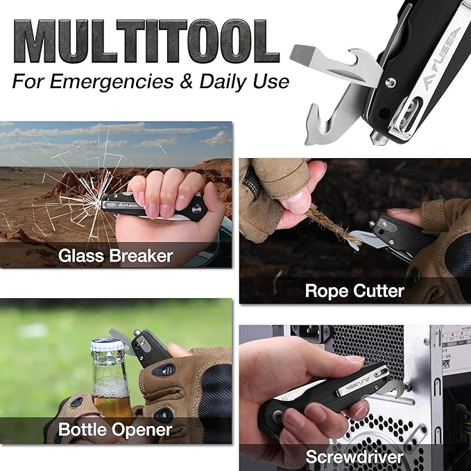 FLISSA Multitool Pocket Knife 3.3 D2 Blade with G10 Handle Liner Lock Folding Knife with Glass Breaker Screwdrivers Bottle Opener &amp Rope Cutter for EDC Survival Camping Hiking (Black)