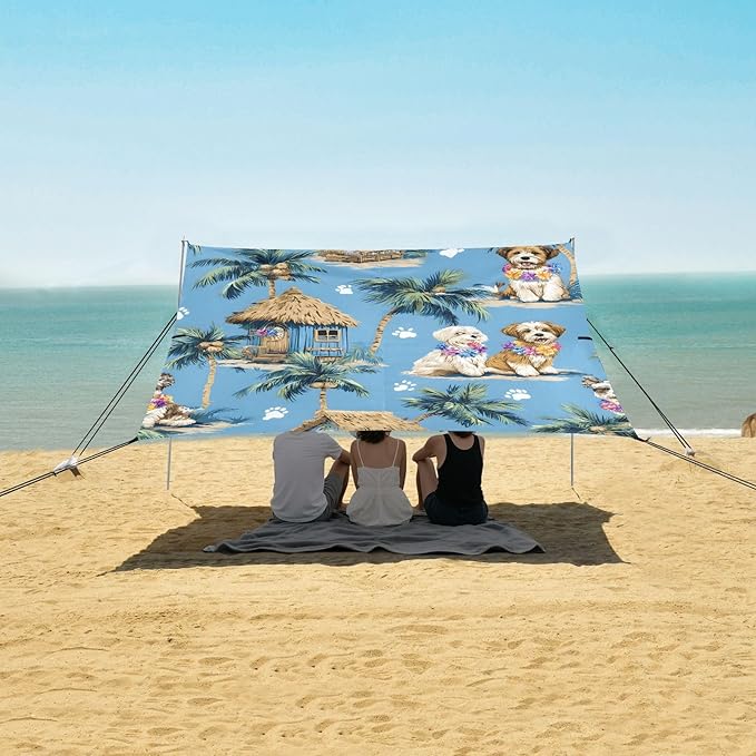 ALAZA Dog Palm Tree Hawaii Beach Tent Sun Shelter UPF50+ Protection Beach Shade Canopy w/ 4 Sandbags for Outdoor Camping Fishing Backyard Fun Picnic 10x9 ft