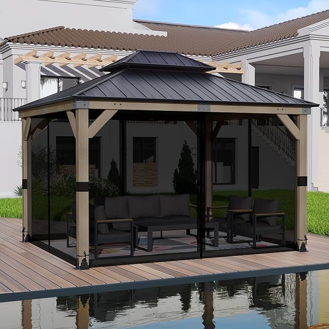 BPS 10' x 12' Gazebo Universal Mosquito Netting Screen Replacement 4-Panel Mesh Screen Walls with Double Zippers for Outdoor Patio Khaki (Mosquito Net Only)