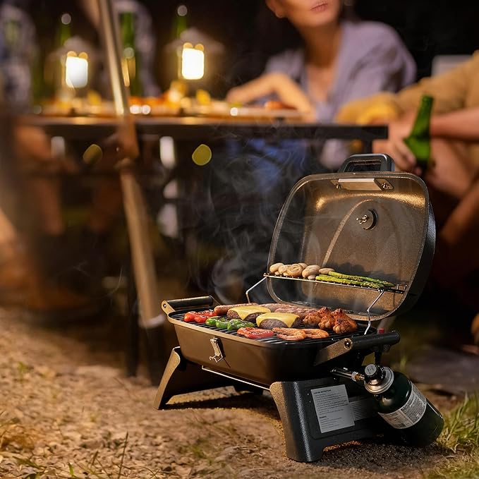 Royal Gourmet GT2006 Portable Tabletop Gas Grill 12000 BTU Output for Outdoor Camping Foldable Legs Piezo Ignition Built-in Thermometer for Tailgates and Camping Trips Dark Gray