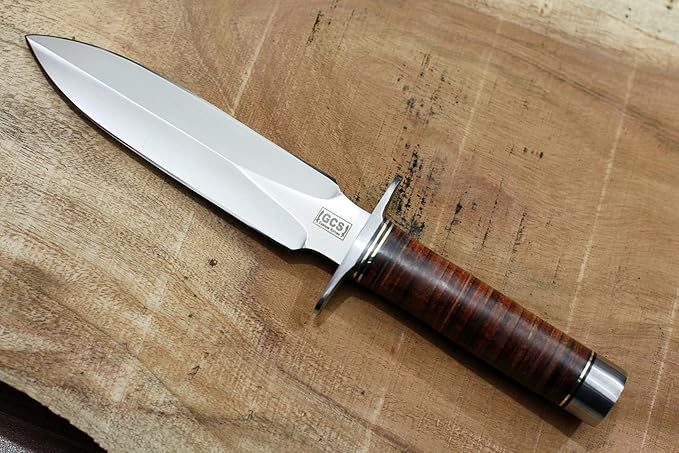GCS Handmade Stacked Leather Handle D2 Tool Steel Tactical Hunting Knife with leather sheath Full tang blade designed for Hunting &amp EDC GCS 8