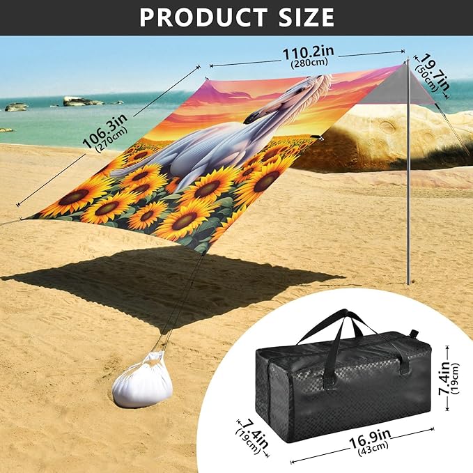 xigua Horse Beach Tent Sun Shelter with Carrying Bag - Silver Coated Oxford Fabric Beach Canopy for Beach Camping Fishing - Includes Windproof Ropes Sandbags &amp Stakes