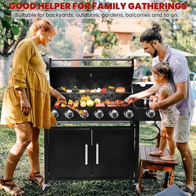 6-Burner w/Side Burner Gas Grill with 403 SQ.IN. Outdoor Grill with 60000 BTUPropane Grills with Top Cover LidGrills Outdoor Cooking for PatiosCampingBalcony-Q032